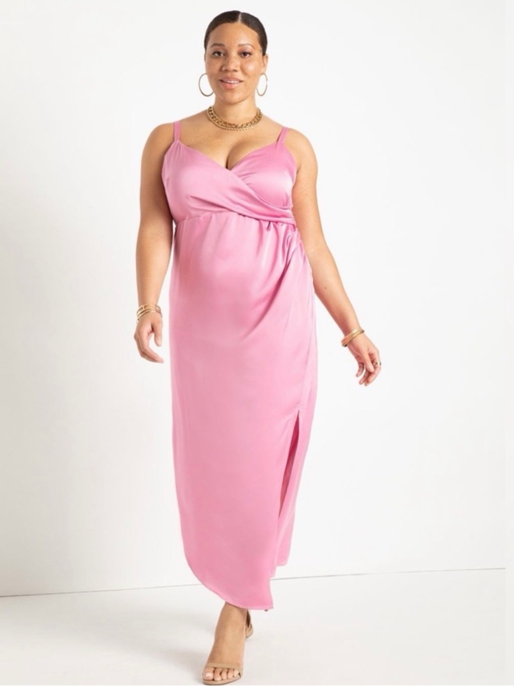 Eloquii Rose Pink Satin Dress with V-Neck